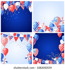 Set of USA holiday vector backgrounds and frames. 4 of July USA Independence Day greeting card or banner template.