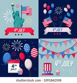 Set of USA holiday vector backgrounds, icons and stickers. 4 of July USA Independence Day greeting card or banner template.