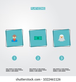 Set of usa icons flat style symbols with dollar, eagle head, cowboy and other icons for your web mobile app logo design.