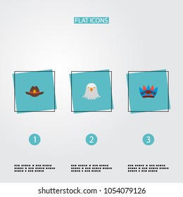Set of usa icons flat style symbols with sheriff hat, native american, eagle head and other icons for your web mobile app logo design.