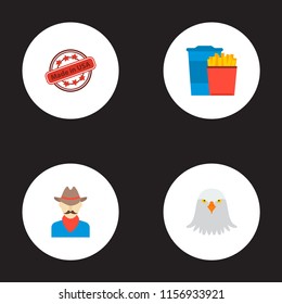 Set of usa icons flat style symbols with eagle head, cowboy, fast food and other icons for your web mobile app logo design.