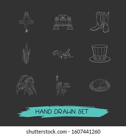 Set of usa icons line style symbols with uncle sam hat, liberty bell, turkey and other icons for your web mobile app logo design.