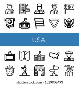 Set of usa icons. Such as Footballer, Flag, Sign, White house, Military, Soldier, Yield, Eagle, Statue of liberty, Statue, Arch, United states of america, Cowboy, Las vegas , usa icons