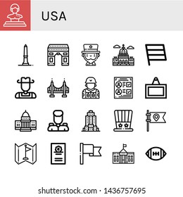 Set of usa icons such as Statue, Washington monument, Arch, Uncle sam, Capitol, Flag, Cowboy, Golden gate, Soldier, Voting, Sign, White house, Military, Empire state building , usa