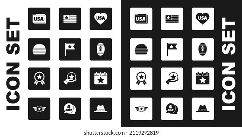 Set USA Independence day, American flag, Burger, on browser, Football ball, Calendar with date July 4 and Medal star icon. Vector