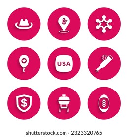 Set USA Independence day, Barbecue grill, American Football ball, Baseball bat with, Shield dollar, Balloons, Hexagram sheriff and Western cowboy hat icon. Vector