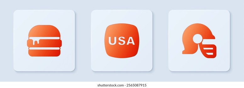 Set USA Independence day, Burger and American football helmet. White square button. Vector