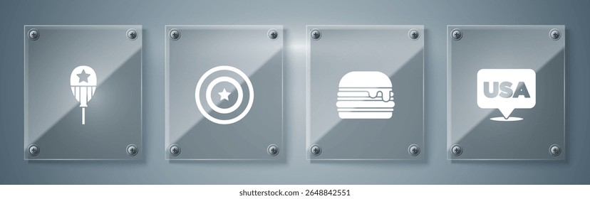 Set USA Independence day, Burger, American star shield and Balloons. Square glass panels. Vector