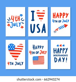 Set of USA Independence Day cards templates. Vector hand drawn cute cartoon illustration. Can be used for posters or flyers design