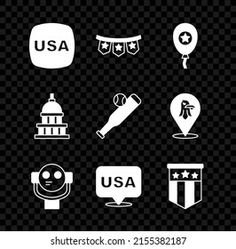 Set USA Independence Day, Carnival Garland With Flags, Balloons, Tourist Binoculars, American, White House And Baseball Bat Ball Icon. Vector