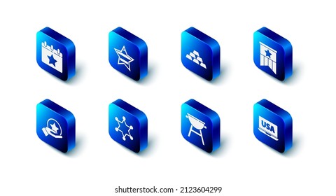 Set USA Independence day, Gold bars, American flag, on laptop, Barbecue grill, Hexagram sheriff,  and Calendar with date July 4 icon. Vector