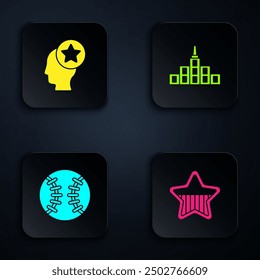 Set USA Independence day, Head, Baseball ball and City landscape. Black square button. Vector
