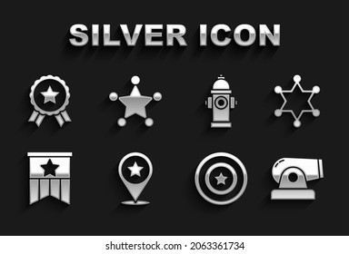 Fijar el Día de la Independencia de EEUU, sheriff de Hexagram, Cannon, escudo de estrellas norteamericano, bandera, hidrante de fuego, Medal con e ícono. Vector