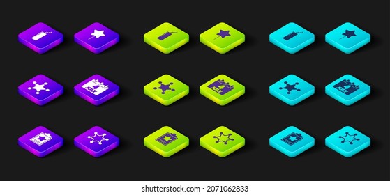Establecer el Día de la Independencia de Estados Unidos, sheriff de Hexagram, Calendario con fecha 4 de julio, icono de la bomba en globo y dinamita. Vector