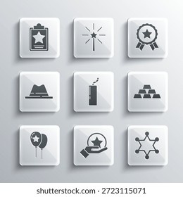 Set USA Independence day, Hexagram sheriff, Gold bars, Dynamite bomb, Balloons, Man hat with ribbon,  and Medal star icon. Vector