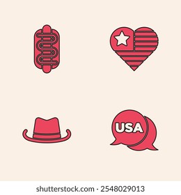 Set USA Independence day, Hotdog sandwich,  and Western cowboy hat icon. Vector