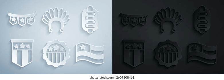 Set USA Independence day, Hotdog sandwich, American flag, Indian headdress with feathers and Carnival garland flags icon. Vector