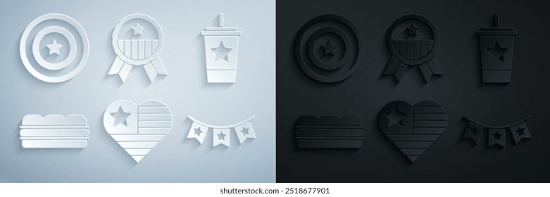 Set USA Independence day, Paper glass with straw, Sandwich, Carnival garland flags, Medal star and American shield icon. Vector