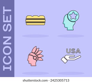 Set USA Independence day, Sandwich, Native American Indian and Head icon. Vector