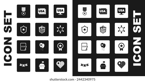 Set USA Independence day, Shield with stars, Police badge, Medal, Hexagram sheriff, on browser,  and graphic tablet icon. Vector