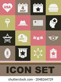 Set USA Independence day, Star American military, Head, Calendar with date July 4, Man hat ribbon, Torch flame,  and flag icon. Vector