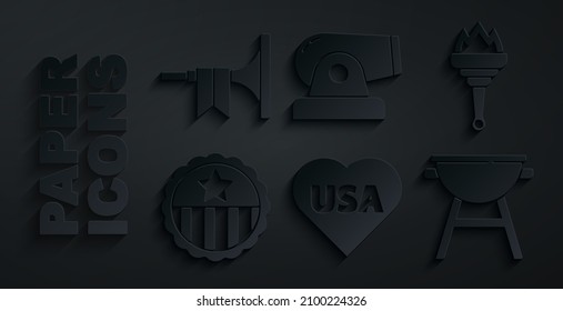 Set USA Independence day, Torch flame, Medal with star, Barbecue grill, Cannon and Trumpet icon. Vector