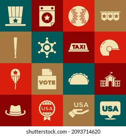 Set USA Independence day, United States Capitol Congress, Baseball helmet, Hexagram sheriff, bat, Patriotic American top hat and Taxi car roof icon. Vector