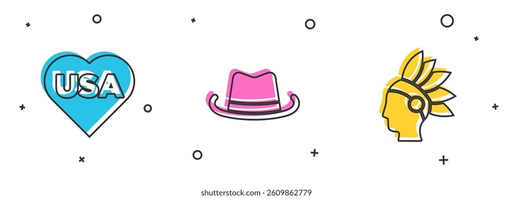 Set USA Independence day, Western cowboy hat and Native American Indian icon. Vector