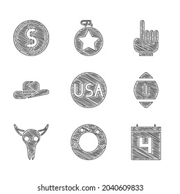 Set USA label, Donut, Calendar with date July 4, American Football ball, Buffalo skull, Western cowboy hat, Number 1 one fan hand glove and Coin money dollar icon. Vector