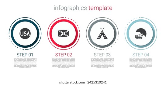 Set USA label, Flag Confederate, Indian teepee or wigwam and American football helmet. Business infographic template. Vector