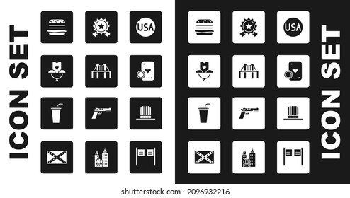 Set USA label, Golden gate bridge, Western cowboy hat, Burger, Casino chip and playing cards, Medal with star, Patriotic American top and Paper glass straw icon. Vector