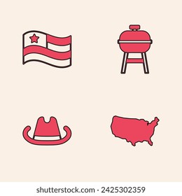 Set USA map, American flag, Barbecue grill and Western cowboy hat icon. Vector