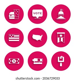 Set USA map, Cannon, American football gol post, flag, Stacks paper money cash, White House and Burger icon. Vector