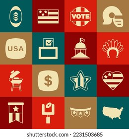 Set USA map, Independence day, Indian headdress with feathers, Vote, box, American Football ball and White House icon. Vector