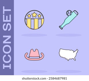 Set USA map, Medal with star, Western cowboy hat and Baseball bat ball icon. Vector