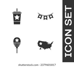 Set USA map, Paper glass with straw, Balloons and Carnival garland flags icon. Vector