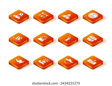 Set USA map, Statue of Liberty, Patriotic American top hat, Benjamin Franklin, Western cowboy, United States Capitol Congress and Drum and drum sticks icon. Vector