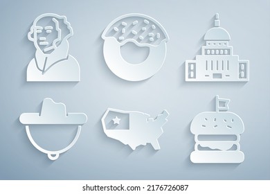 Set USA map, White House, Western cowboy hat, Burger, Donut and George Washington icon. Vector