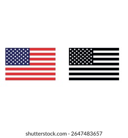 Set of USA national flags with classic and monochrome styles, symbolizing patriotism and national identity. Vector illustration of the American flag in full color and black-and-white version.