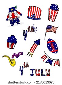 Set of USA national symbols for independence day. 4th of July. Elements for greeting cards and posters. Vector, Illustration.