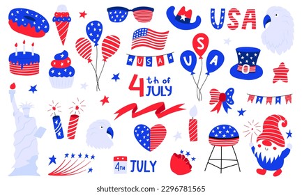 Set of USA national symbols for independence day. 4th July clip art. Top hat, balloons, star, gnome, eagle, american flag, statue of liberty. Vector illustrations isolated on white background