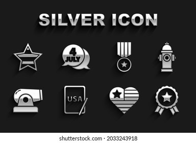 Setzen Sie die USA auf Grafiktablette, Feuerhydranten, Medaille mit Stern, Unabhängigkeitstag, Cannon und Symbol. Vektorgrafik
