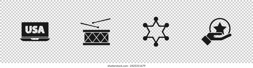 Set USA on laptop, Drum and drum sticks, Hexagram sheriff and Independence day icon. Vector