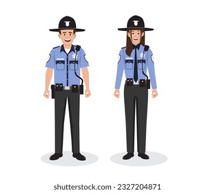 Set of USA policeman and policewoman standing together. Cute and simple in flat style vector illustration