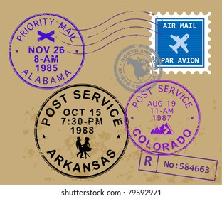 Set of USA post stamp symbols, vector illustration
