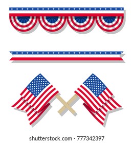 Set of USA Ribbon, Attribute, Flag in Flat Style