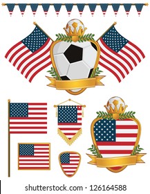 set of usa soccer supporter flags and emblems, isolated on white