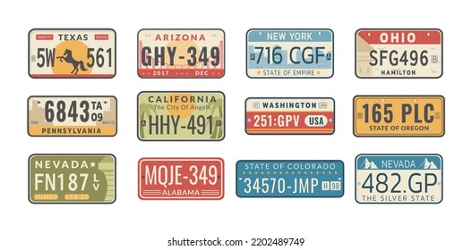 Set of USA states car vehicles registration plates. License registration signs of auto, motorcycle, truck. Road transport plates of Arizona, New York, Michigan, Nevada, California, Oregon vector