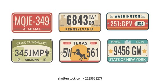 Set of USA states car vehicles registration plates. License registration signs of auto, motorcycle, truck. Road transport plates of Alabama, Washington, Texas, Pennsylvania, New York vector