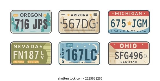 Set of USA states car vehicles registration plates. License registration signs of auto, motorcycle, truck. Road transport plates of Arizona, Ohio, Michigan, Nevada, Michigan, Oregon vector